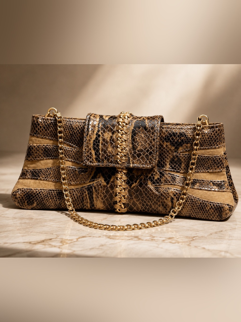 Guess by Marciano Brown Snakeskin Clutch with Gold Chain